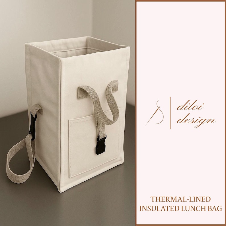 May include: Cream-coloured thermal-lined insulated lunch bag with a rectangular shape. Features a small front pocket, a handle, and a shoulder strap. The bag has a black buckle closure and the text "diloi design".
