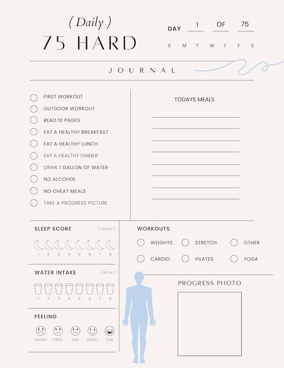 75 Hard Challenge Daily Journal & Checklist | Printable PDF | Fitness Tracker, Wellness Planner, Habit Tracker