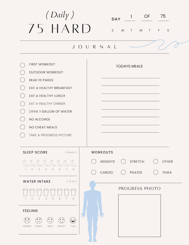 Op de afbeelding: Een beige 75 HARD journaalpagina met een minimalistisch ontwerp. De pagina bevat secties voor het dagelijks bijhouden van trainingen, maaltijden, waterinname, slaap en stemming. Tekst bevat "75 HARD" en "Journal".