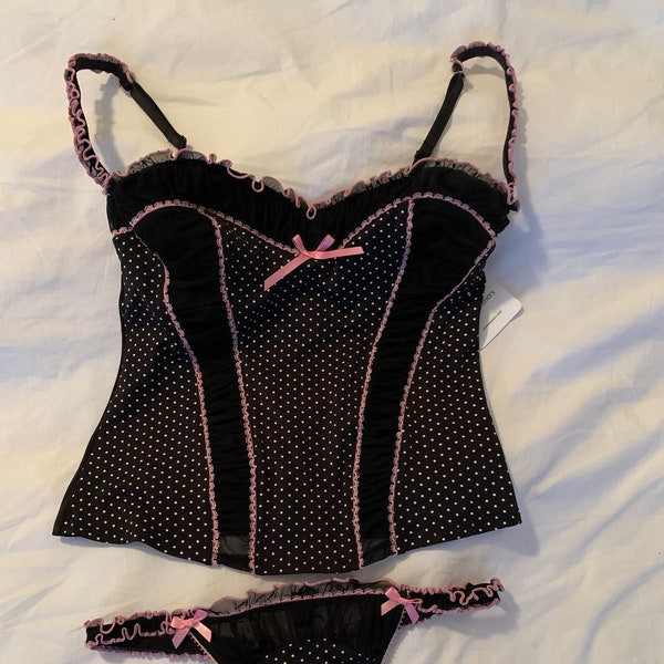 Ann Summers Dolly Bird Bustier + thong set 10-12 Black New with tags RRP 45 GBP Valentines