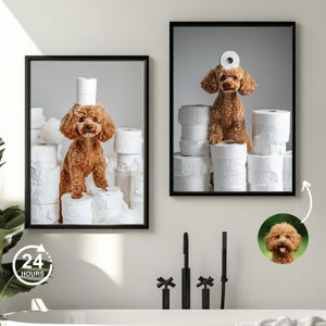 Retrato de mascota personalizado, arte para baño de perro, perro con papel higiénico, póster divertido para baño, perro en el baño, perro leyendo periódico, regalo para dueño de mascota
