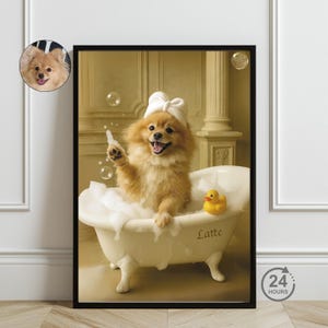 Personalized Funny Pet Bathroom Art, Custom Pet Portrait Photo, Dog Reading Newspaper on Toilet, Dog Wall Art, Dog in Toilet, Pet in Bathtub