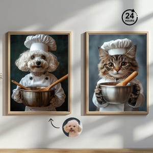 Custom Chef Pet Portrait, Funny Cooking Art for Dog and Cat Lovers, Mother&#39;s Day Gift, Personalized Kitchen Wall Decor, Unique Pet Memorial
