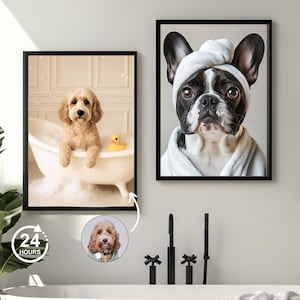 Ritratto personalizzato di un animale domestico, divertente arte da bagno, cane che legge il giornale sul water, arte murale con cane, cane nel water, animale domestico nella vasca da bagno, regalo per animali domestici