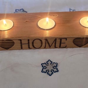 Rustic Wooden Candle Holder | Triple Tealight Pine Block Engraved with Home & Hearts | Farmhouse Centerpiece Gift | House Warming Gift