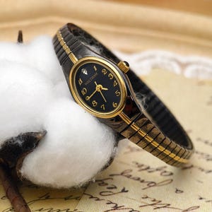Vintage Waltham Ladies Watch: Gold Tone, Black Dial, Diamond