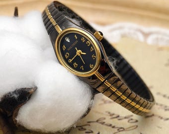 Vintage Waltham Ladies Watch: Gold Tone, Black Dial, Diamond  display picture 1