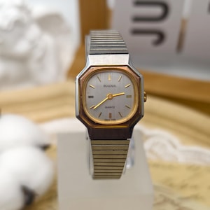 Vintage 1970s Bulova Ladies Quartz Watch 22mm Two-Tone Octagonal Case Stainless Bracelet
