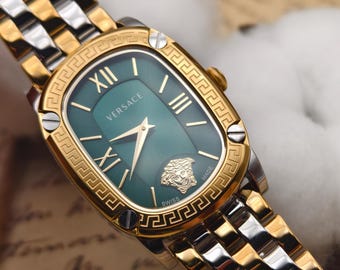 Versace Damen zweifarbige Edelstahl Uhr grünes Zifferblatt griechischer Schlüssel Lünette Medusa