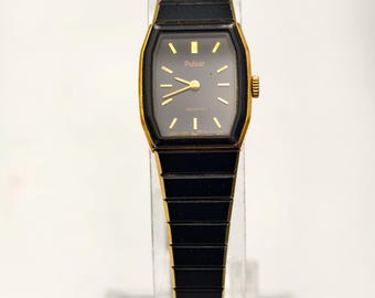 Vintage 1980s Pulsar Ladies Quartz Watch Black Dial Gold Tone Case