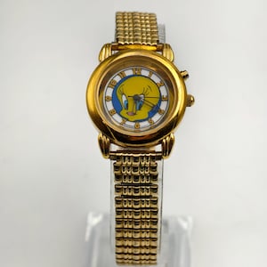 Orologio al quarzo vintage Armitron Tweety Bird color oro del 1995, cinturino espandibile da 28 mm