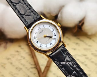 Vintage Seiko Lucent Two-tone Watch, Roman Numerals, Black Leather