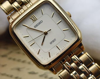 Vintage Seiko Spirit Unisex Gold Ton Quarz Uhr Quadrat Gehäuse Armband Uhr