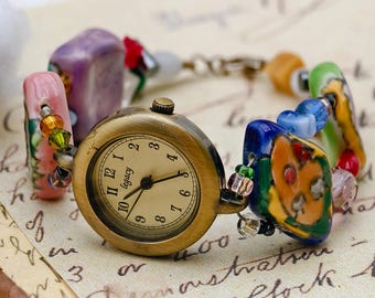 Vintage 1990s Legacy Ladies Quartz Watch Bronze Tone Case Beaded Art Bracelet