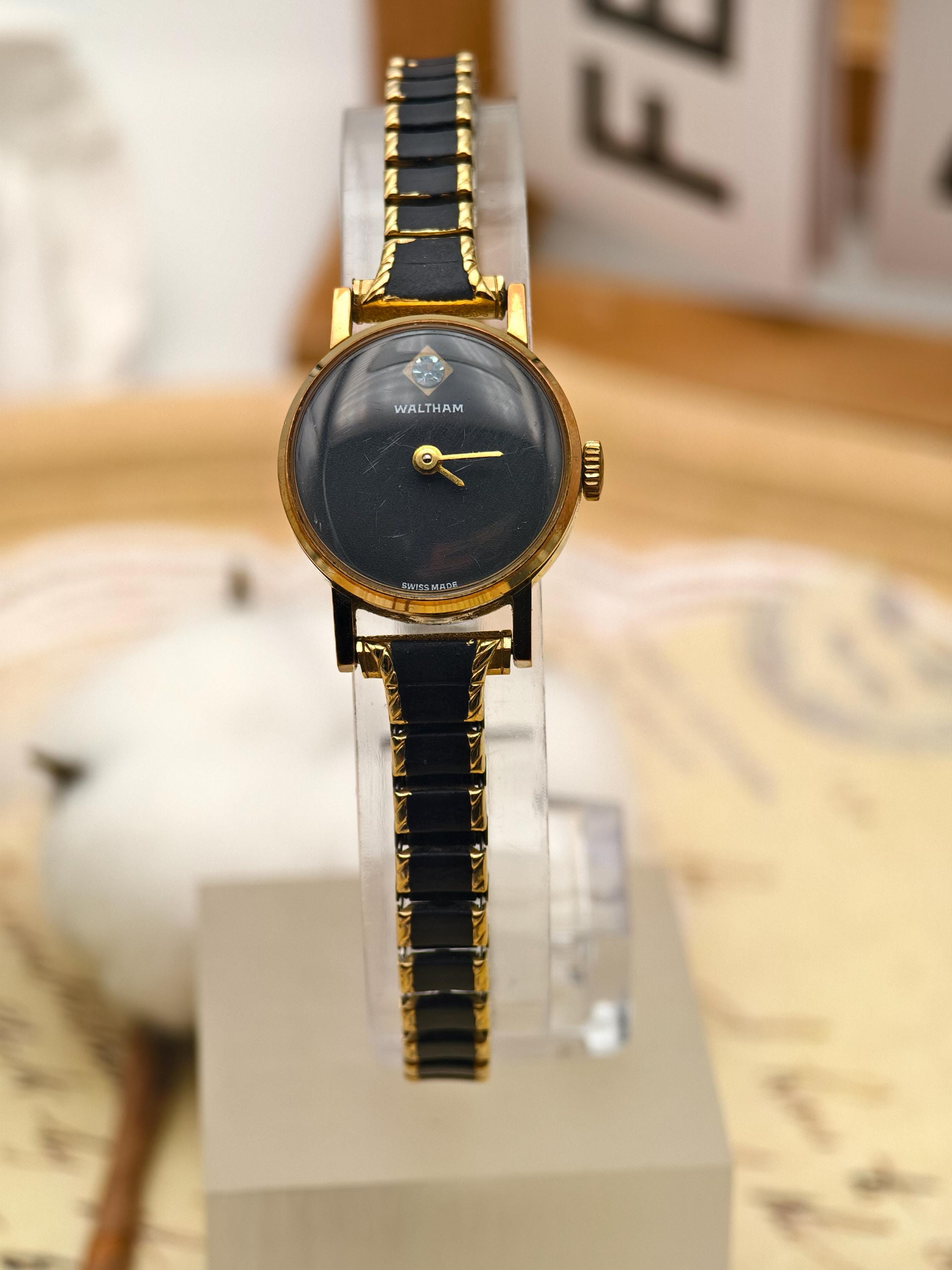 Waltham Vintage Diamond Accent Wrist Watch, Black And Gold Vintage Waltham Ladies Black Face Gold Tone Tank Watch Dress  main image 2