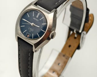 Klasyczny damski zegarek mechaniczny Seiko z lat 70. ze stali nierdzewnej 2202-7009 z niebieską tarczą 26 mm