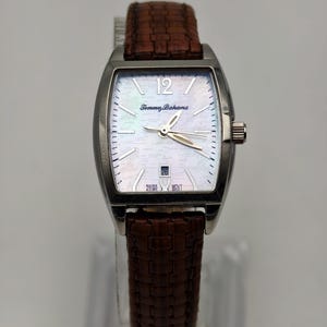 Tommy Bahama Swiss Quartz Tonneau Watch Mother of Pearl Dial Brown Leather