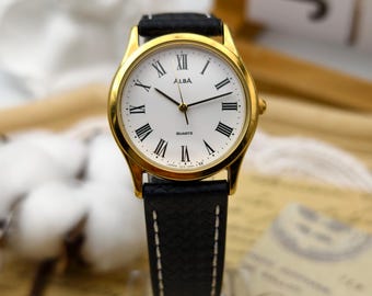 Vintage 1990s Alba by Seiko Unisex Quartz Watch Gold Tone Roman