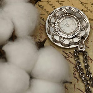 Vintage 1970s Concord Ladies Mechanical Pendant Watch Silver Tone Floral Filigree Design