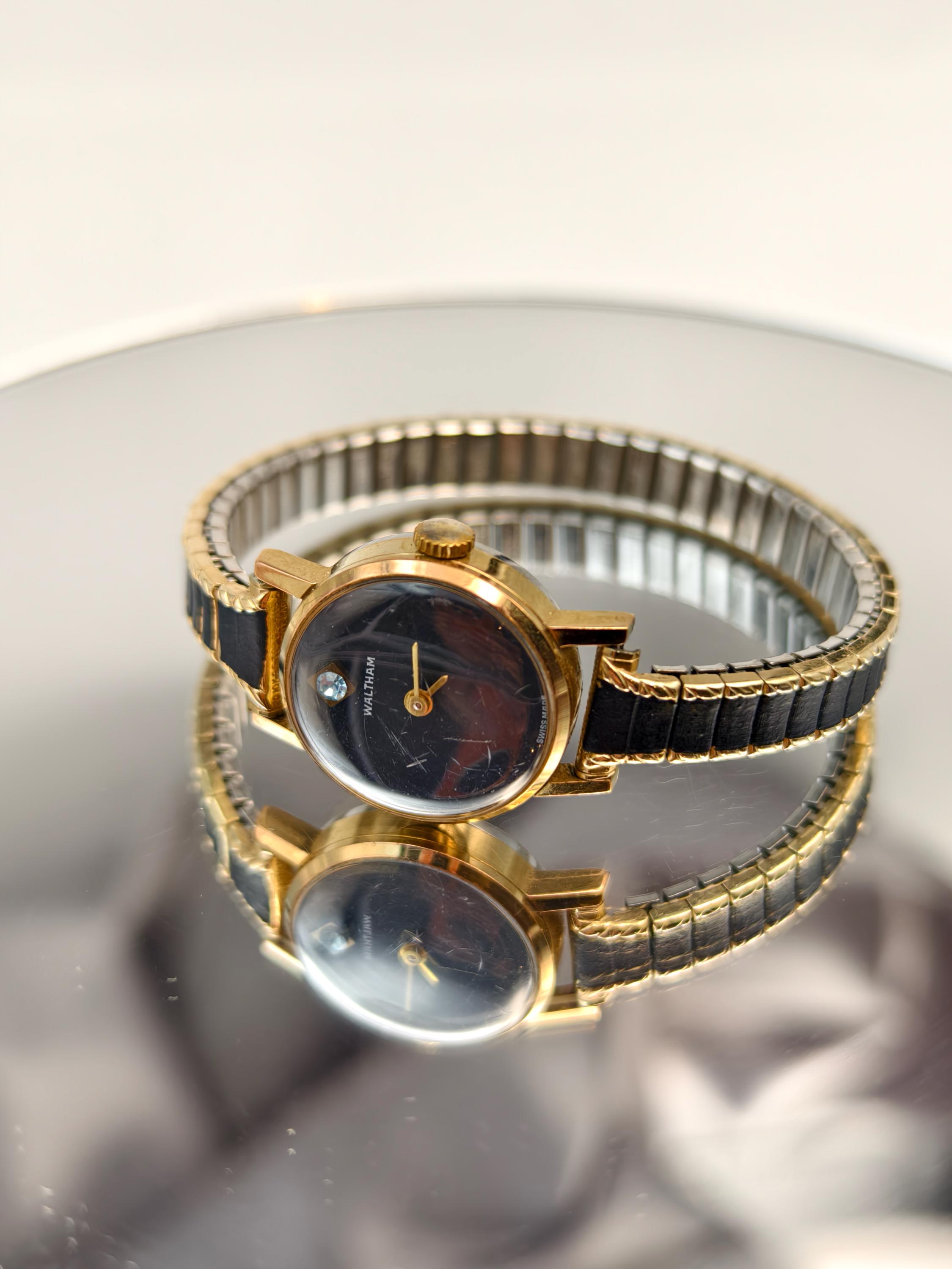 Vintage Waltham Ladies Watch: Gold Tone, Black Dial, Diamond