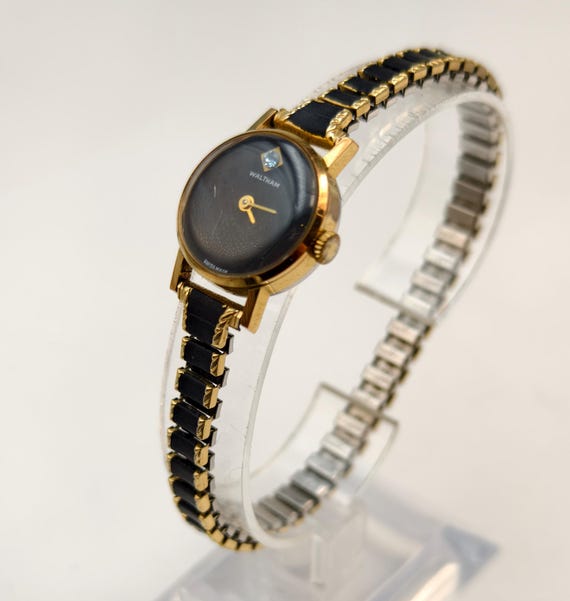 Vintage Waltham Ladies Watch: Gold Tone, Black Dial, Diamond 