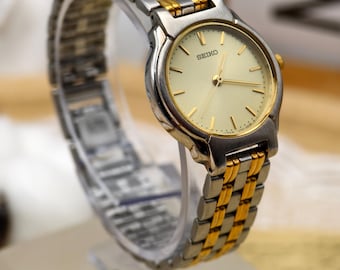 Vintage 1990s Seiko Ladies Quartz Two-tone Watch With Gold Dial