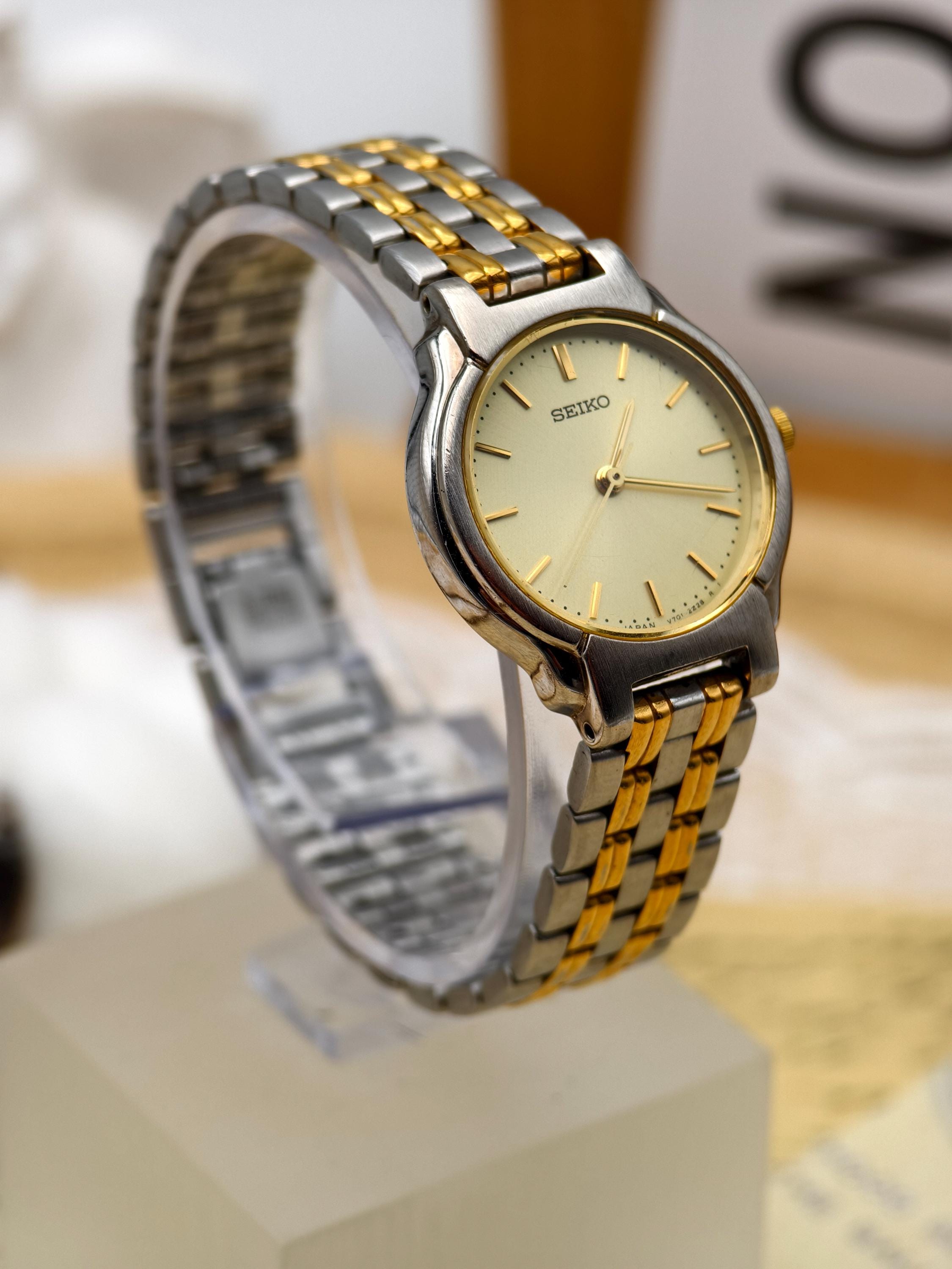 Vintage 1990s Seiko Ladies Quartz Two-tone Watch With Gold Dial