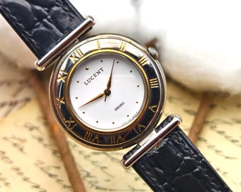 Vintage Seiko Lucent Two-tone Watch, Roman Numerals, Black Leather
