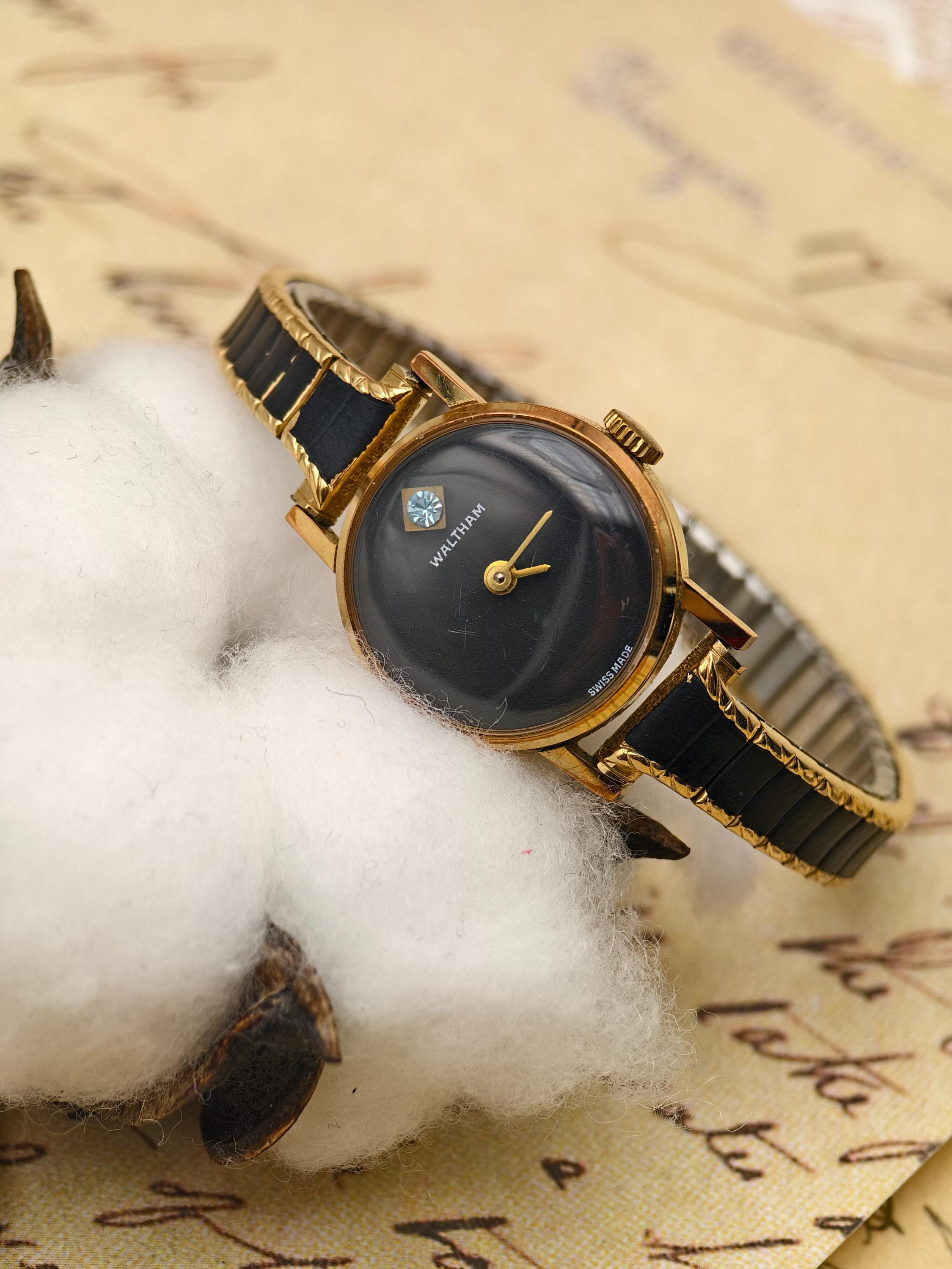 Vintage Waltham Ladies Watch: Gold Tone, Black Dial, Diamond