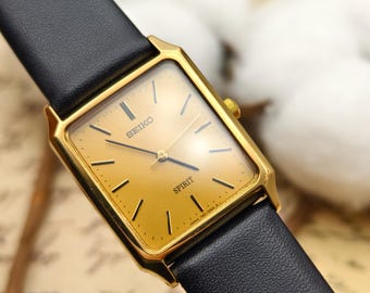 Vintage 1990s Seiko Spirit Gold Rectangular Watch Champagne Dial Black Leather Strap