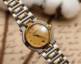 Reloj vintage Gucci 9000L para mujer, de cuarzo, bicolor, esfera dorada, fecha, acero inoxidable