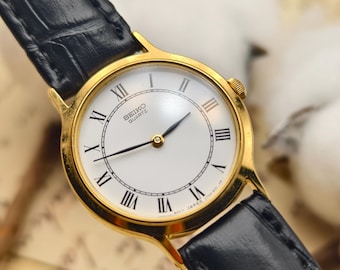 Vintage 1990s Seiko Ladies Watch: Gold Tone Case, Roman Numeral Dial