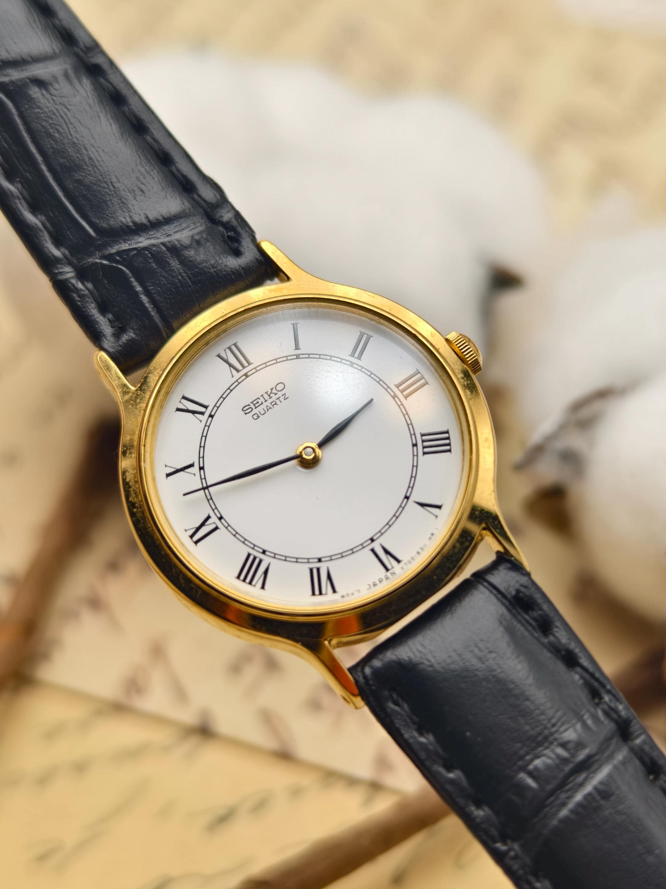 Vintage 1990s Seiko Ladies Watch: Gold Tone Case, Roman Numeral