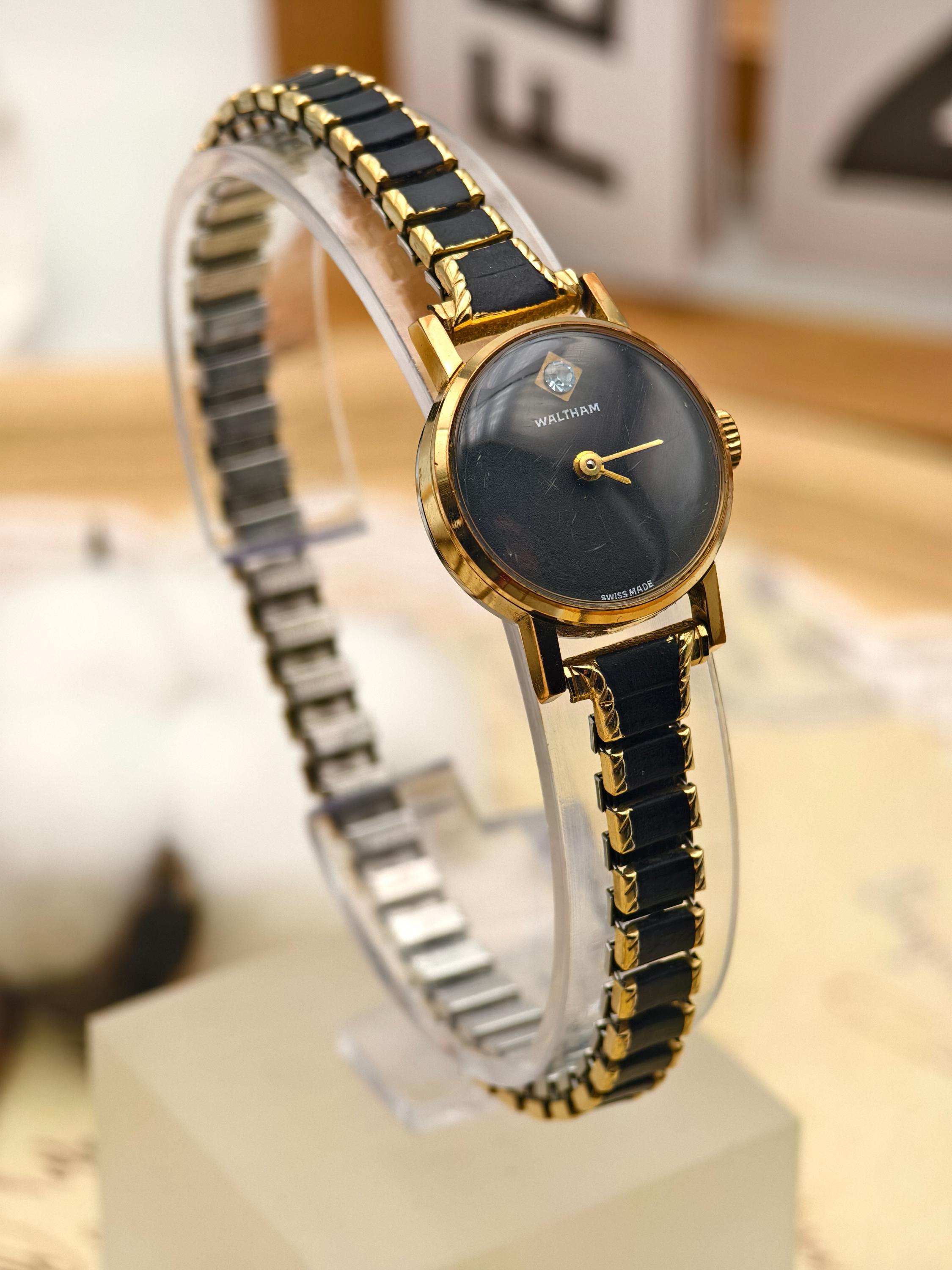 Vintage Waltham Ladies Watch: Gold Tone, Black Dial, Diamond 