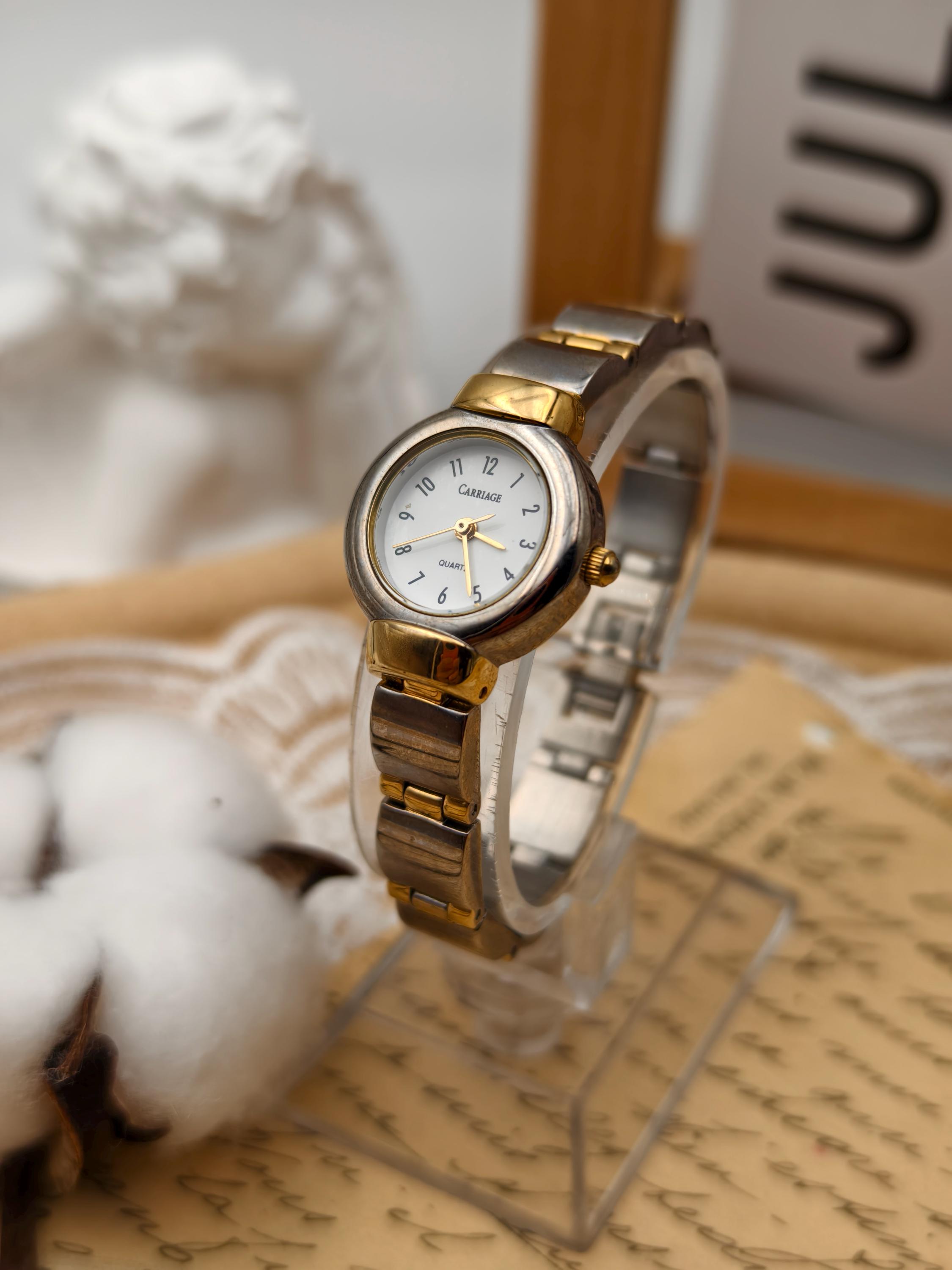 Vintage 1990s Carriage Ladies Quartz Watch Two Tone Round White 
