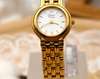 Vintage 1990er Jahre Caravelle von Bulova Damen Quarz Armbanduhr Gold Ton