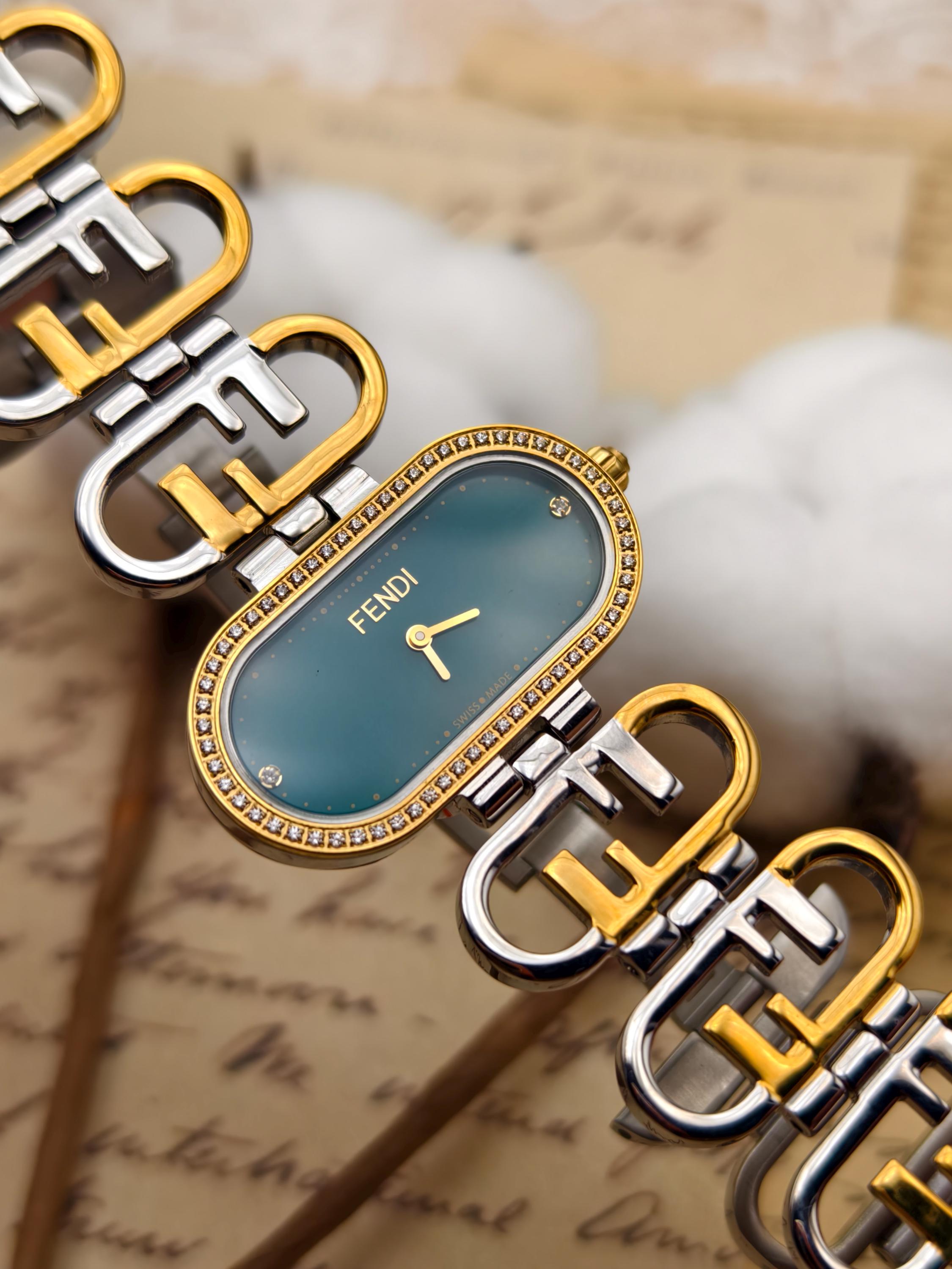 Fendi Silver and Gold Square Dial Watch with Light Blue Strap Fendi Square FF Watch with Alligator Strap | Neiman Marcus main image 3