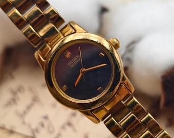Vintage 1990s Citizen Ladies Gold Tone Quartz Watch Black Textured Dial
