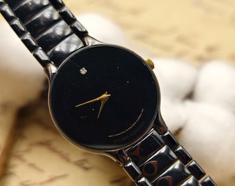 Vintage 1990s Citizen Ladies Quartz Black Ceramic Watch Minimalist Dial