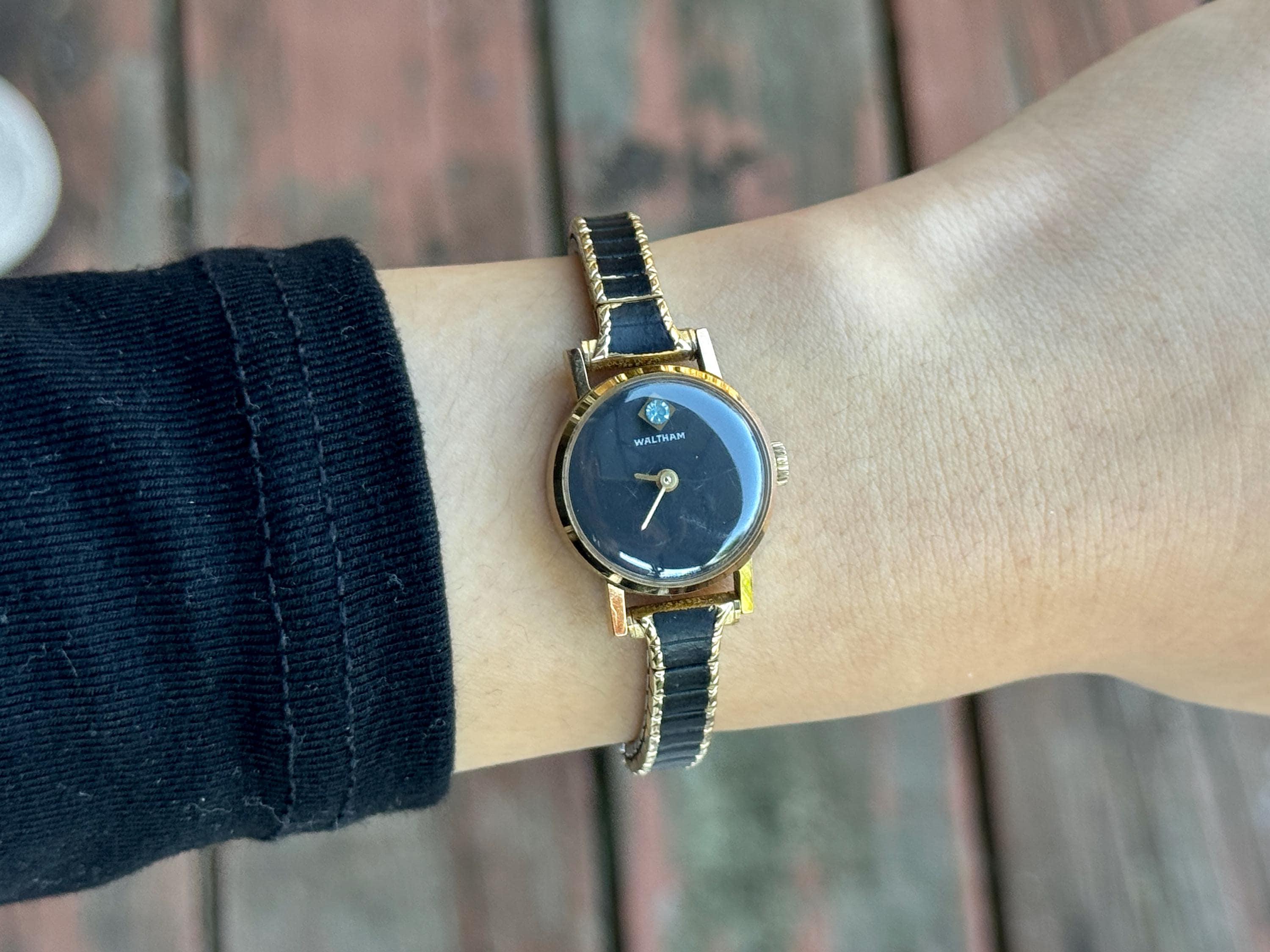 Vintage Waltham Ladies Watch: Gold Tone, Black Dial, Diamond 