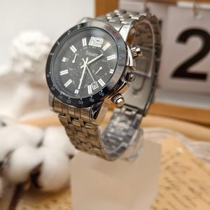 Modern Stauer Men&#39;s Quartz Chronograph Watch 42mm Black Dial Tachymeter Stainless Steel