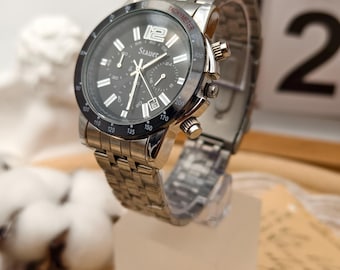 Modern Stauer Men's Quartz Chronograph Watch 42mm Black Dial Tachymeter Stainless Steel