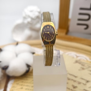 Vintage 1970s Seiko Ladies Mechanical Watch Gold Tone Brown Dial Mesh Bracelet