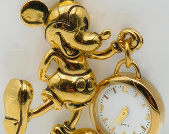 Vintage Disney Mickey Mouse Gold Quartz Brooch Watch 19.5mm