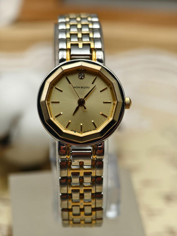 Vintage Orient Mon Bijou Ladies Quartz Two-Tone Watch Octagonal Gold Dial View 2