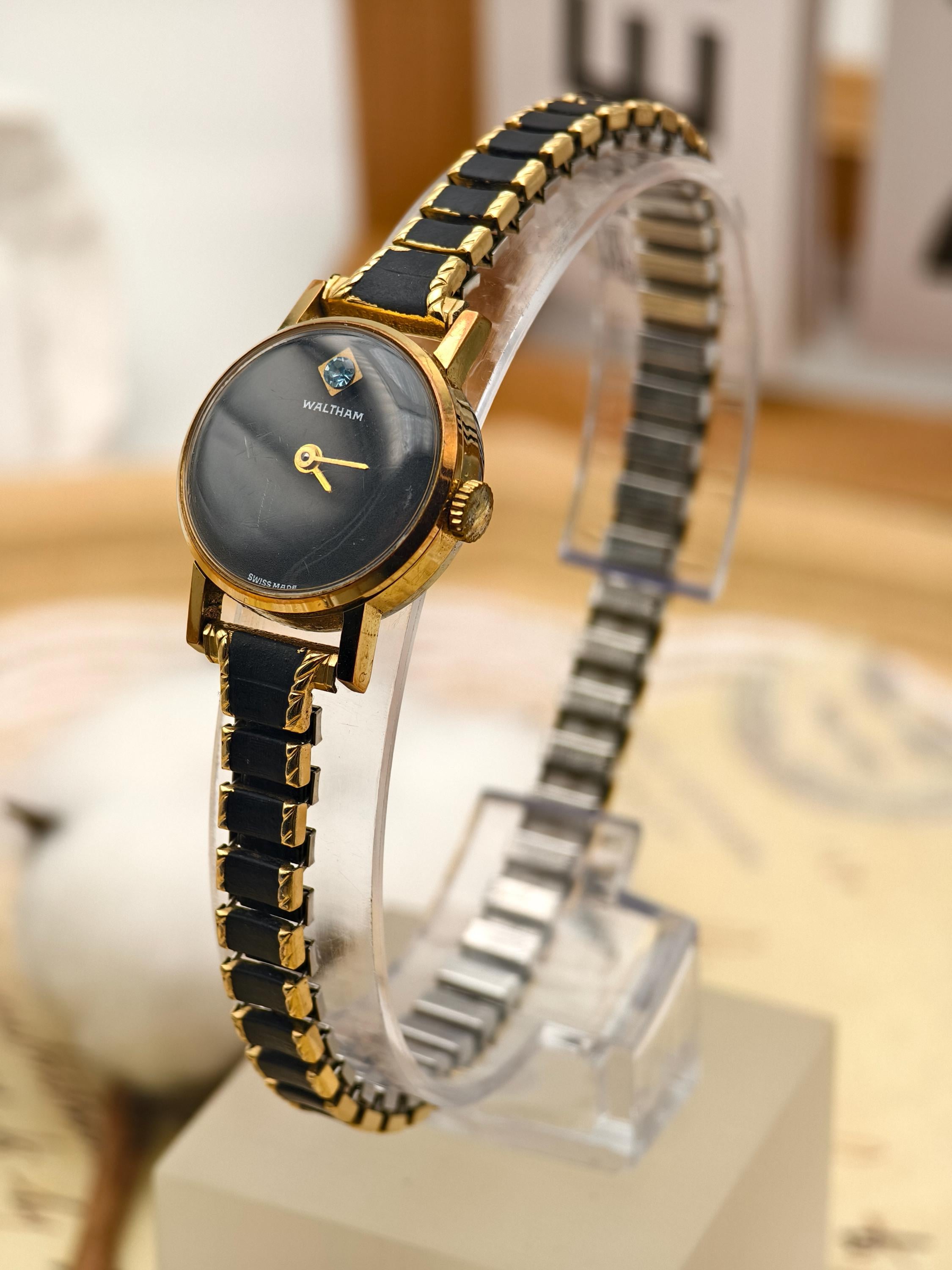 Vintage Waltham Ladies Watch: Gold Tone, Black Dial, Diamond