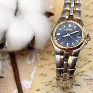 Vintage 2000s Citizen Ladies Eco-Drive Watch Two-Tone Black Dial Date 24.7mm
