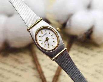 Klasyczny damski zegarek kwarcowy Bulova z lat 80. XX wieku, dwukolorowy, srebrno-złoty, 16,3 mm