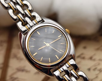 Vintage Seiko Lucent Two-tone Watch, Roman Numerals, Black Leather