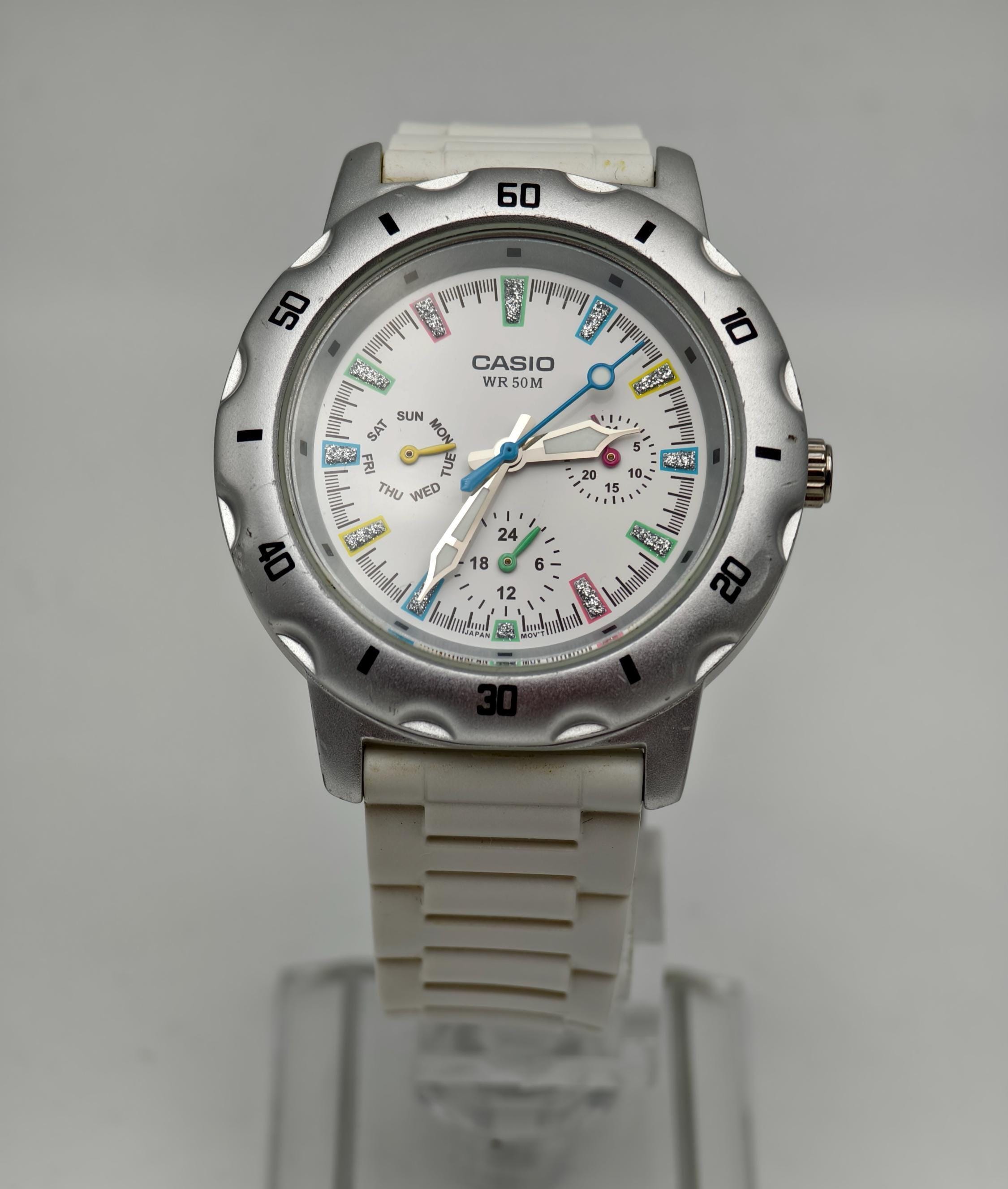 Casio LTP-1328 Ladies Quartz Watch 38mm White Resin Strap Colorful